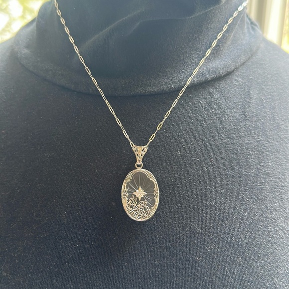 Jewelry - VINTAGE FILIGREE CAMPHOR GLASS WITH DIAMOND NECKLACE sterling silver